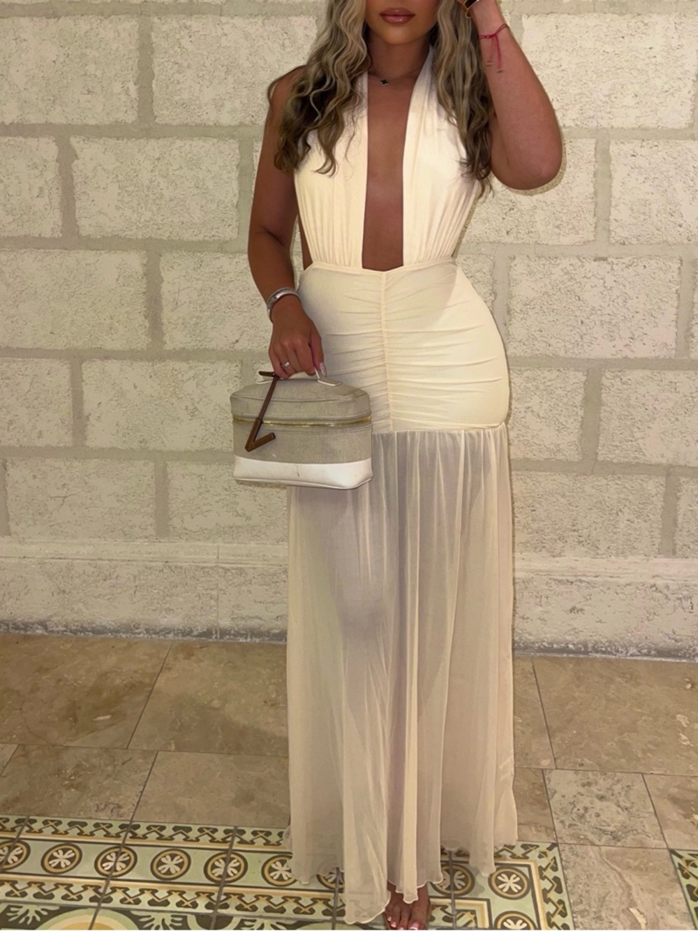 Plunging Cream Halter Maxi Dress